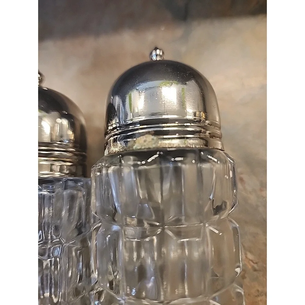 Vtge Tall Shakers Set Press Glass Metal Caps Square Rectangle Design